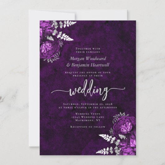 Elegante Plum Silver Floral Wedding Kaart (Voorkant)