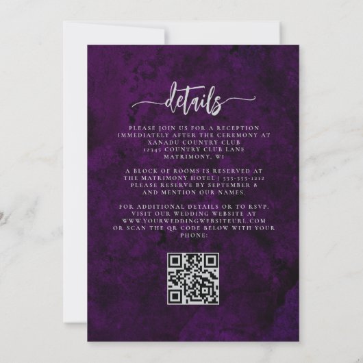 Elegante Plum Zilveren Bloemen QR Code Huwelijk Kaart (Achterkant)