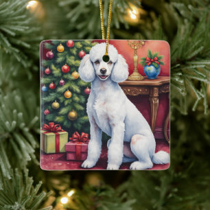 Elegante poedel naast kerstboom vakantie hond keramisch ornament