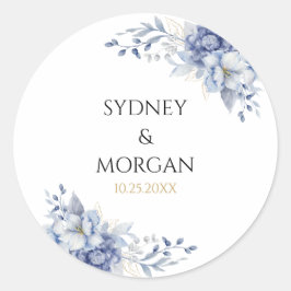 Elegante Poeder Blauw & Bloemen Ontwerp Wedding Ronde Sticker