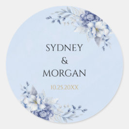 Elegante Poeder Blauw & Goud Bloemen Ontwerp Weddi Ronde Sticker