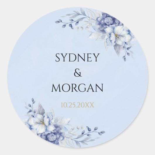 Elegante Poeder Blauw & Goud Bloemen Ontwerp Weddi Ronde Sticker (Voorkant)