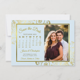 Elegante Poeder Blauw & Gouden Kalender Foto Huwel Save The Date