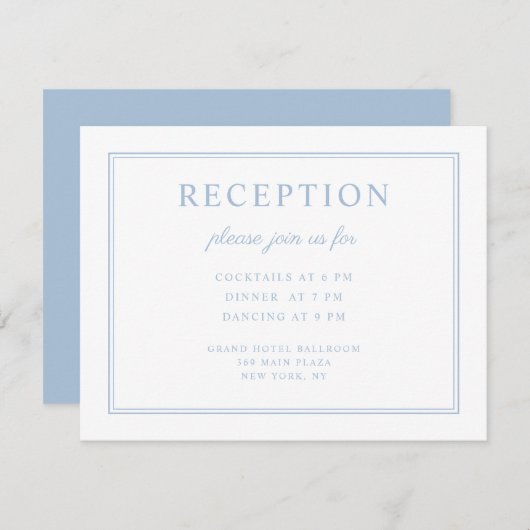 Elegante Poeder Blauw Script bruiloft receptie Informatiekaartje (Voorkant / Achterkant)