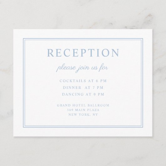 Elegante Poeder Blauw Script bruiloft receptie Informatiekaartje (Voorkant)