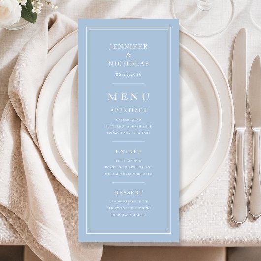 Elegante poederblauwe bruiloft menu