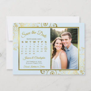 Elegante poederblauwe & gouden kalender fotobruilo save the date