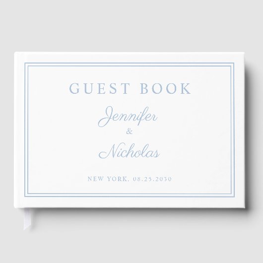 Elegante poederblauwe script bruiloft gastenboek (Voorkant)