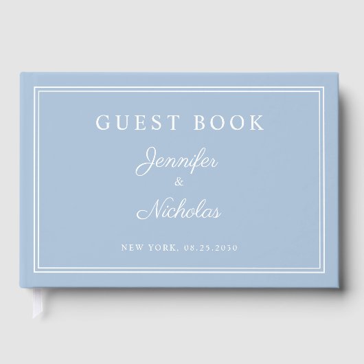 Elegante poederblauwe scriptuur bruiloft gastenboek (Voorkant)