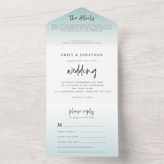 Elegante Poederblauwe Tint Script Wedding All In One Uitnodiging (Binnen)