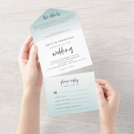 Elegante Poederblauwe Tint Script Wedding All In One Uitnodiging