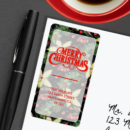 Elegante Poinsettia-bessen op zwart retouradres Etiket