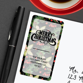 Elegante Poinsettia-bessen op zwart retouradres Etiket