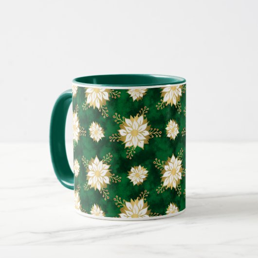 Elegante Poinsettia Bloem Donkergroen Kerstmis Mok (Voorkant links)