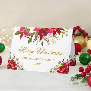 Elegante Poinsettia Bloem Goud Kerstmis Vouw Feestdagen Kaart