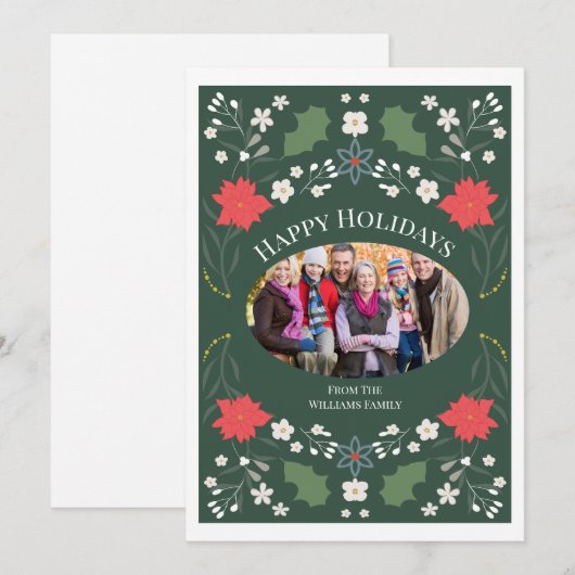 Elegante Poinsettia Folk Art Kerstkaart (Voorkant / Achterkant)