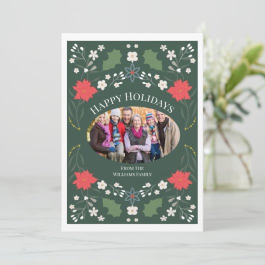 Elegante Poinsettia Folk Art Kerstkaart (Staand voorkant)