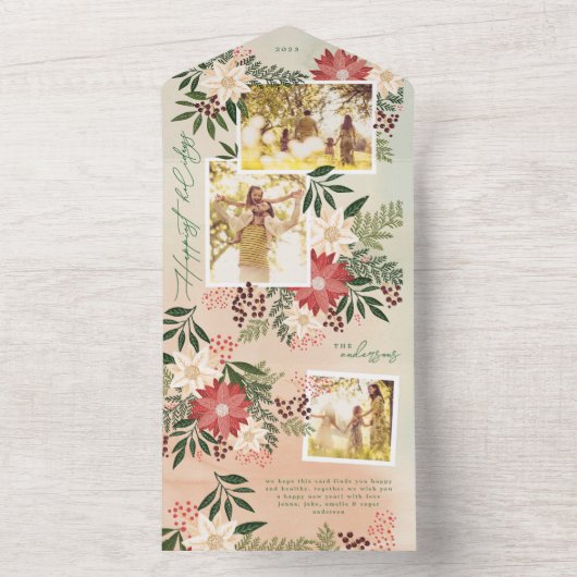 Elegante Poinsettia Fotocollage Happy Holiday All In One Uitnodiging (Binnen)