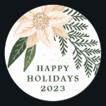Elegante Poinsettia Happy Holiday Waterverf Ronde Sticker<br><div class="desc">___________________________ ***Dit ontwerp maakt deel uit van een kerstvakantie collectie*** Stap in een wereld van tijdloze vakantie charme met mijn "Feestelijke Flora: Christmas Splendor Poinsettia Delight" collectie. 🌸🎄 Omhels de magie van het seizoen met een boeiende mix van bloemblaadjes, weelderige groene dennenbladeren, sierlijke rode bessen en de betoverende tinten van...</div>