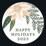 Elegante Poinsettia Happy Holiday Waterverf Ronde Sticker<br><div class="desc">___________________________ ***Dit ontwerp maakt deel uit van een kerstvakantie collectie*** Stap in een wereld van tijdloze vakantie charme met mijn "Feestelijke Flora: Christmas Splendor Poinsettia Delight" collectie. 🌸🎄 Omhels de magie van het seizoen met een boeiende mix van bloemblaadjes, weelderige groene dennenbladeren, sierlijke rode bessen en de betoverende tinten van...</div>