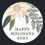 Elegante Poinsettia Happy Holiday Waterverf Ronde Sticker<br><div class="desc">___________________________ ***Dit ontwerp maakt deel uit van een kerstvakantie collectie*** Stap in een wereld van tijdloze vakantie charme met mijn "Feestelijke Flora: Christmas Splendor Poinsettia Delight" collectie. 🌸🎄 Omhels de magie van het seizoen met een boeiende mix van bloemblaadjes, weelderige groene dennenbladeren, sierlijke rode bessen en de betoverende tinten van...</div>