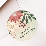 Elegante Poinsettia Happy Holiday Waterverf Ronde Sticker<br><div class="desc">___________________________ ***Dit ontwerp maakt deel uit van een kerstvakantie collectie*** Stap in een wereld van tijdloze vakantie charme met mijn "Feestelijke Flora: Christmas Splendor Poinsettia Delight" collectie. 🌸🎄 Omhels de magie van het seizoen met een boeiende mix van bloemblaadjes, weelderige groene dennenbladeren, sierlijke rode bessen en de betoverende tinten van...</div>