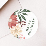 Elegante Poinsettia Happy Holiday Waterverf Ronde Sticker<br><div class="desc">___________________________ ***Dit ontwerp maakt deel uit van een kerstvakantie collectie*** Stap in een wereld van tijdloze vakantie charme met mijn "Feestelijke Flora: Christmas Splendor Poinsettia Delight" collectie. 🌸🎄 Omhels de magie van het seizoen met een boeiende mix van bloemblaadjes, weelderige groene dennenbladeren, sierlijke rode bessen en de betoverende tinten van...</div>