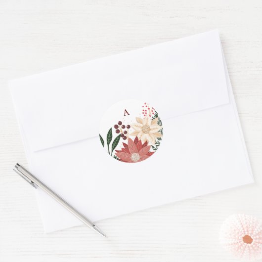 Elegante Poinsettia Kerst Monogram Waterverf Ronde Sticker (Envelop)