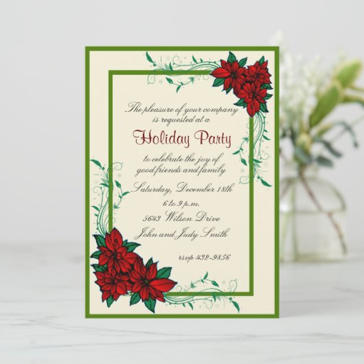 Elegante Poinsettia kerstfeest uitnodiging (Staand voorkant)
