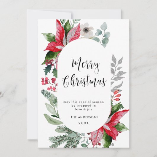 Elegante Poinsettia Kerstmis Mistletoe Groet Feestdagenkaart (Voorkant)