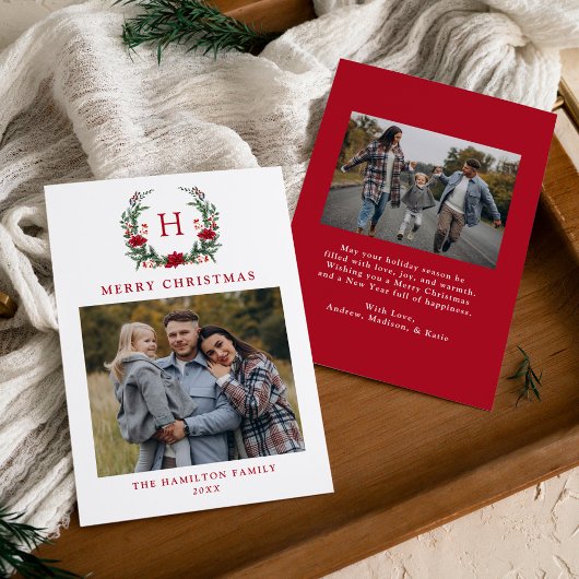 Elegante Poinsettia Krans Monogram Foto Feestdagenkaart