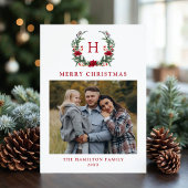 Elegante Poinsettia Krans Monogram Foto Feestdagenkaart