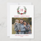 Elegante Poinsettia Krans Monogram Foto Feestdagenkaart (Voorkant)