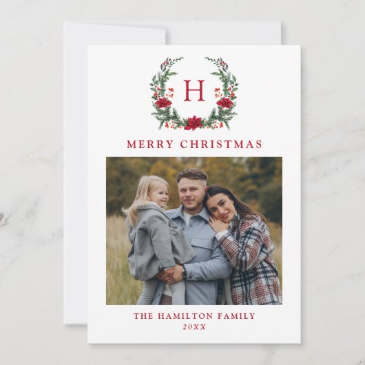 Elegante Poinsettia Krans Monogram Foto Feestdagenkaart (Voorkant)