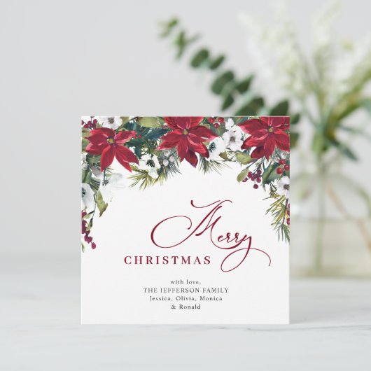 Elegante Poinsettia Mistletoe Kerst Groet Feestdagenkaart (Staand voorkant)