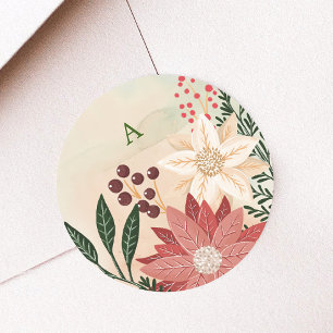 Elegante Poinsettia Monogram Vakantie Waterverf Ronde Sticker