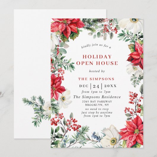 Elegante Poinsettia Open Huis Kerstfeest Kaart (Voorkant / Achterkant)