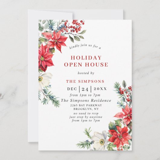 Elegante Poinsettia Open Huis Kerstfeest Kaart (Voorkant)