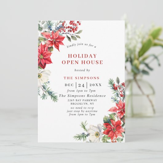 Elegante Poinsettia Open Huis Kerstfeest Kaart (Staand voorkant)