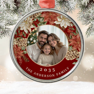 Elegante Poinsettia rijke rode familiefoto Metalen Ornament