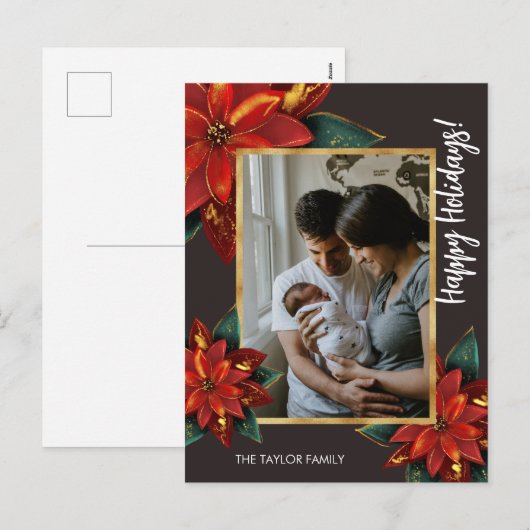 Elegante Poinsettia Vrolijke Kerstmis Familie Foto Feestdagenkaart (Voorkant / Achterkant)
