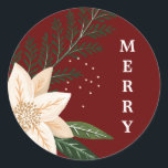 Elegante Poinsettia Vrolijke Kerstmis Waterverf Ronde Sticker<br><div class="desc">___________________________ ***Dit ontwerp maakt deel uit van een kerstvakantie collectie*** Stap in een wereld van tijdloze vakantie charme met mijn "Feestelijke Flora: Christmas Splendor Poinsettia Delight" collectie. 🌸🎄 Omhels de magie van het seizoen met een boeiende mix van bloemblaadjes, weelderige groene dennenbladeren, sierlijke rode bessen en de betoverende tinten van...</div>