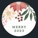 Elegante Poinsettia Vrolijke Kerstmis Waterverf Ronde Sticker<br><div class="desc">___________________________ ***Dit ontwerp maakt deel uit van een kerstvakantie collectie*** Stap in een wereld van tijdloze vakantie charme met mijn "Feestelijke Flora: Christmas Splendor Poinsettia Delight" collectie. 🌸🎄 Omhels de magie van het seizoen met een boeiende mix van bloemblaadjes, weelderige groene dennenbladeren, sierlijke rode bessen en de betoverende tinten van...</div>