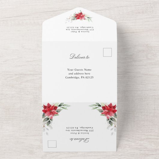 Elegante Poinsettia Winter groen bruiloft All In One Uitnodiging (Buitenkant)