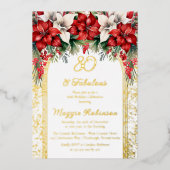 Elegante Poinsettias Bloemen 80ste Verjaardagsfees Folie Uitnodiging (Voorkant)