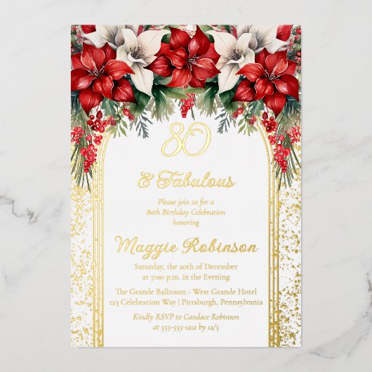 Elegante Poinsettias Bloemen 80ste Verjaardagsfees Folie Uitnodiging (Voorkant)