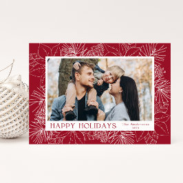 Elegante Poinsettias en dennenappels Foto Feestdagenkaart