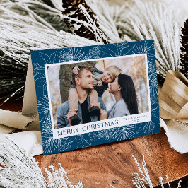 Elegante Poinsettias en Pinecones Blauw 2 Foto Feestdagen Kaart