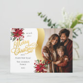 Elegante Poinsettias Foto Merry Christmas Script Feestdagenkaart (Staand voorkant)