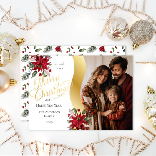 Elegante Poinsettias Foto Merry Christmas Script Feestdagenkaart